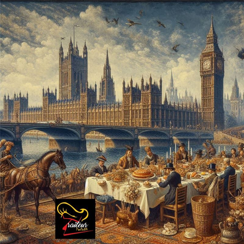 Un banquet somptueux avec Big Ben en arrière-plan et des chevaux près de la rivière.