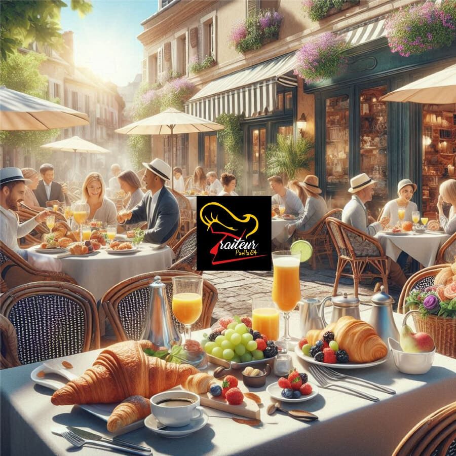 Repas en terrasse animée avec des plats colorés et des boissons au petit matin.